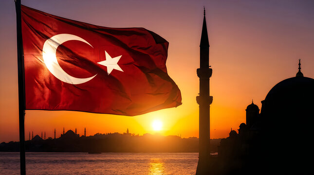 Turkish flag waving over a mosque silhouette at sunset illustration