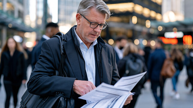 An elderly actuary in a busy urban financial district street, briefcase under one arm, pausing to review printed data sheets outdoors, the framing isolating the senior professional amid office worke