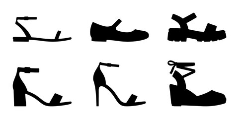 Obraz premium Six Black Silhouette Shoe Styles: Sandals, Flats, Wedges, Heels, Fashion Vector Collection