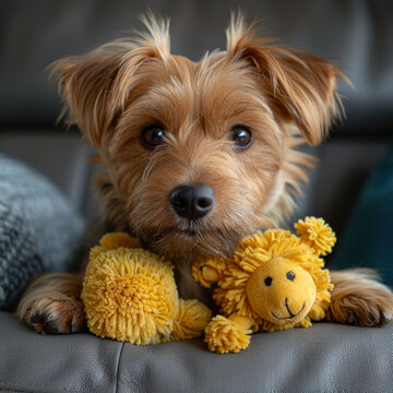 A small brown dog holding a stuffed lion on a gray sofa