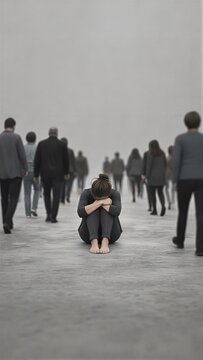 Woman sitting alone on the ground and covering her face while a crowd walks past her. Mental health struggle and social anxiety concept. Depression, isolation and loneliness theme.