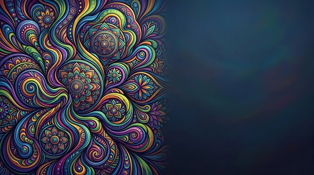 Colorful psychedelic floral pattern with dark blue background copy space
