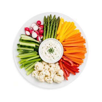 Crudit&eacute;s mit Dip auf wei&szlig;em Teller &ndash; Bunte franz&ouml;sische Vorspeisenplatte mit frischem Gem&uuml;se und cremigem Dip, sauber angerichtet und freigestellt auf hellem Hintergrund.