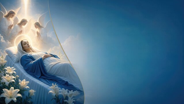 Woman lying on deathbed with angels in sky. Dormition of the Mother of God artistic depiction. Religious celebration, spiritual transition, Christian concept of eternal life and peace.