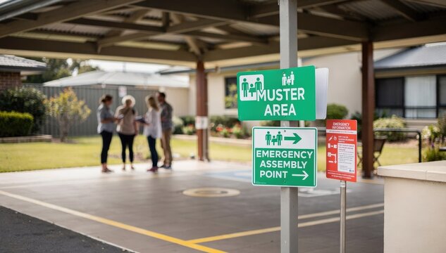 Medium shot highlights the covered patio serving as a sheltered muster area with emergency signs in focus and residents softly blurred in the background.