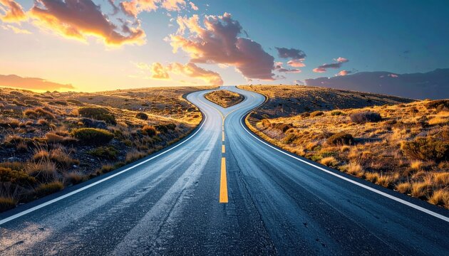 Winding road splits into two paths towards a vibrant horizon at sunset, symbolizing choices and the journey of life.