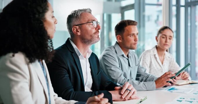 People, meeting and interview with team for hiring process, conference or discussion in office. Group, employees or conversation with documents for job opportunity, skillset or recruiting review