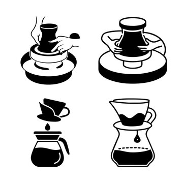 Four coffee brewing methods illustration - Black and white vector illustration showing different coffee brewing methods including pour-over, French press, and Chemex.