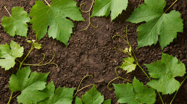 Fresh green grape leaves arranged in a circular frame on dark fertile soil background top view