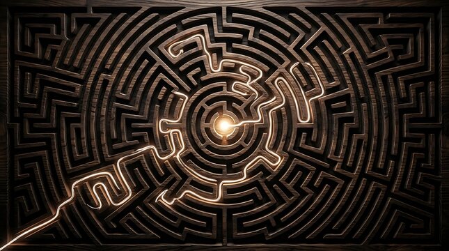 Wooden labyrinth with glowing golden light path to the center