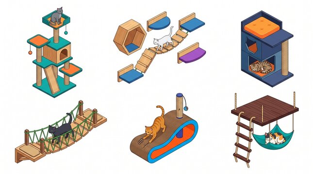 Vector illustration set of isometric cat trees, wall furniture, scratching posts, and hanging hammock beds for pets