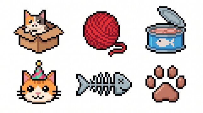 Cute pixel art set of cats and pet accessories including yarn ball, canned food, fish skeleton, and paw print