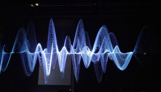 Vibrant blue sound wave pattern visualized with glowing light against a dark background