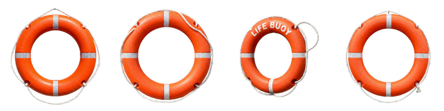 Orange Lifebuoys Set with White Reflective Stripes and Ropes Isolated on White Background Stock Photo Illustration for Maritime Safety Water Rescue and Beach Concept