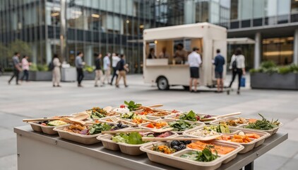 Obraz premium Medium shot of a zerowaste mobile food station serving office plaza visitors focusing on ecofriendly food trays with office buildings and pedestrians gently blurred in the