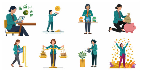 Fototapeta premium Set of business woman characters managing money, budgeting, saving and investing
