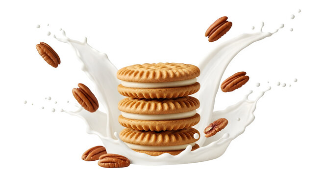 Stack of sandwich cookies with pecans and milk splash isolated on transparent background