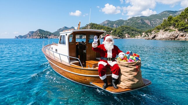 Santa Claus waving from a boat with a sack of presents in a sunny coastal town