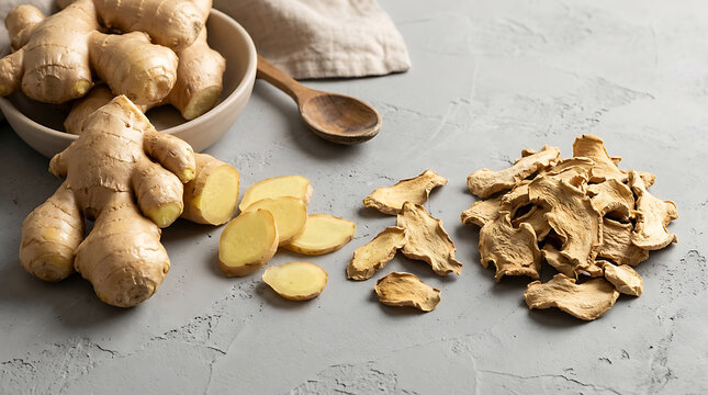 Fresh ginger root, sliced ginger, and dried ginger pieces on a grey textured concrete