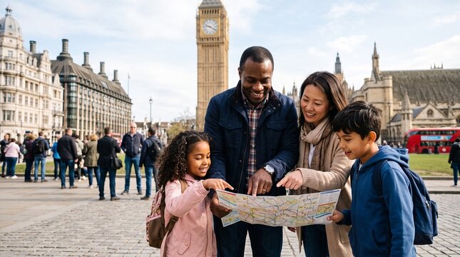 Diverse family exploring London with map near Big Ben and Parliament