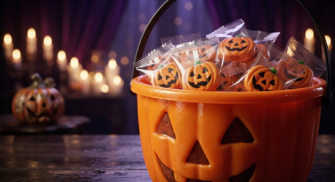 Halloween trick-or-treat plastic bucket filled with individually wrapped pumpkin chocolates or candies on a wooden table.