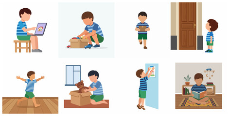 Fototapeta premium Set of Flat Vector Illustrations of a Little Boy Doing Various Daily Activities, Moving Into a New Home, Playing, and Learning
