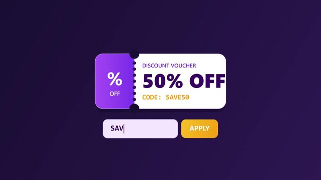 Digital Discount Voucher Appearing with Animated Text and Glowing Effects on Purple Background