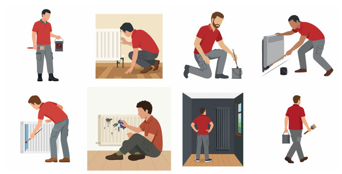 Professional handyman maintenance and painting radiator set, repairman service icons, home renovation flat vector illustration