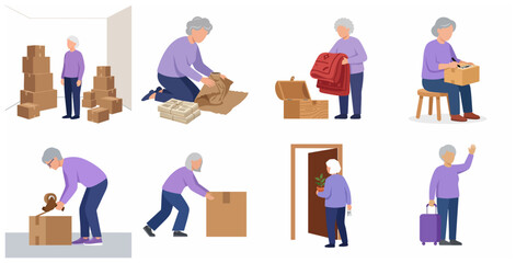 Fototapeta premium Senior Woman Moving House and Packing Boxes Vector Illustration Set