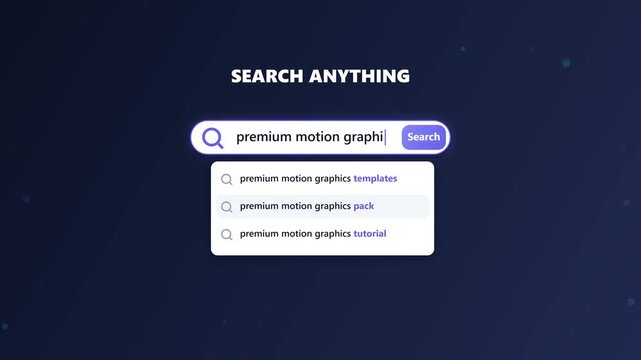 Search Interface Animation Displaying Autocomplete Suggestions on Dark Blue Background