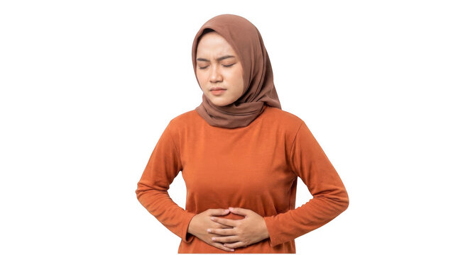 Young woman in hijab suffering from stomach pain. Female experiencing abdominal discomfort.