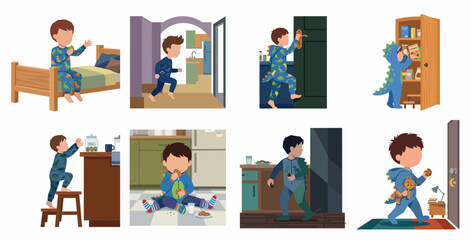 Fototapeta premium Cute Little Boy in Dinosaur Pajamas Sneaking Snacks and Playing at Home Illustration Set