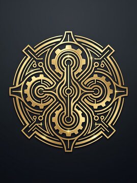 Intricate golden steampunk clockwork emblem with gears and circuits