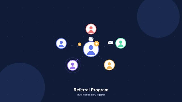 Animated User Icons Connecting in Referral Network Program on Dark Blue Background