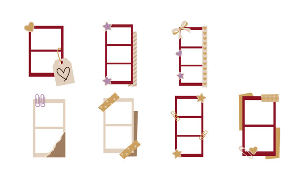 Set of Aesthetic Photostrip Frame for Scrapbook, Collage, Journal, Memory Album, Vintage Photo Decoration, and Creative Paper Craft Illustration. Vector Set.
