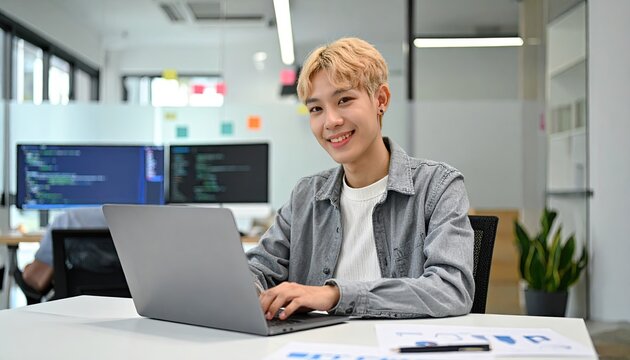 Happy non-binary programmer sitting with coded laptop in meeting room at office