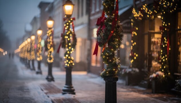 Medium shot capturing warm golden holiday string lights wrapped around lamp posts with blurred red ribbons and festive wreath props enhancing the winter street scene.