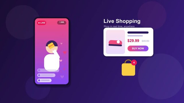 Live Shopping Mobile App Interface Animation with Shopping Cart and Product Display