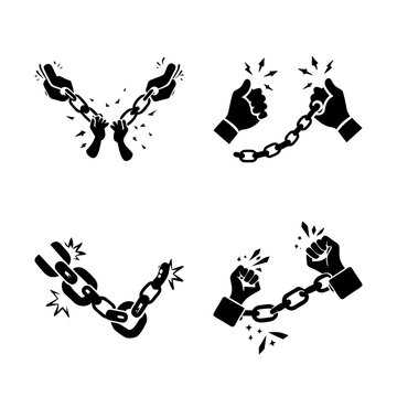 Breaking handcuffs and chains illustration - Four black and white vector icons showing hands breaking free from handcuffs and chains, symbolizing liberation or escape.