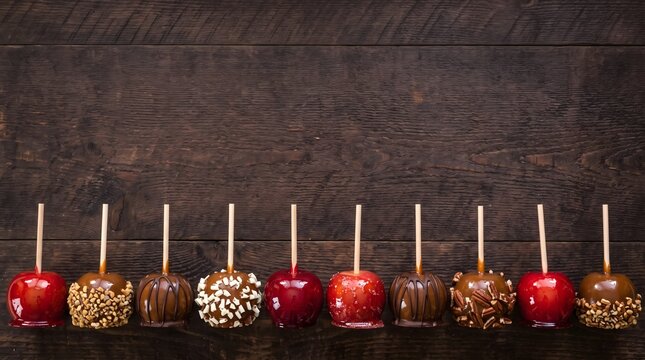 Assortment of candy apples on a rustic wooden surface, a sweet autumn treat festive treats