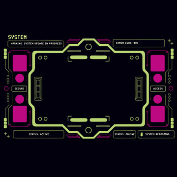 Futuristic system rebooting interface with status indicators and secure access panels on dark black background