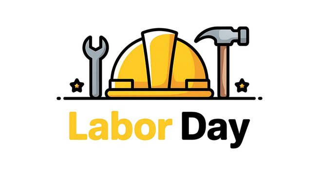 Labor day celebration greeting card design with a yellow hard hat a wrench and a hammer icon