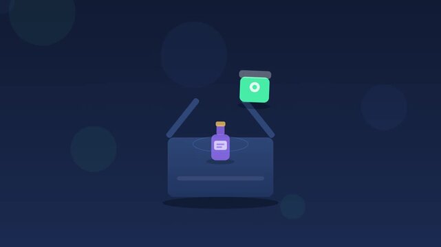 Animated Construction Tools Appearing on Dark Blue Background with Geometric Shapes