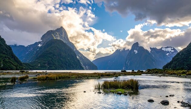 New Zealand Milford Sound New Zealand ka ek be-intehā khoobsurat fjord hai jo tallay tak utarte hue qatl aafreen pahāṛon.