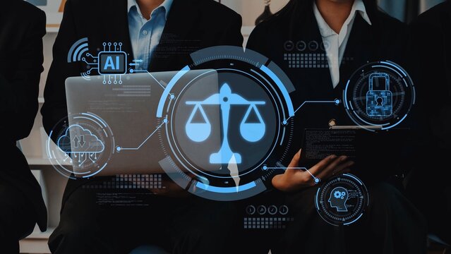 A modern law firm embracing technology, showcasing AI impact on legal practice and ethical considerations in the justice system for enhanced client engagement. Raster