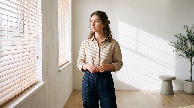 Woman in natural light contemplating breast cancer awareness and women's health during Pink October campaign