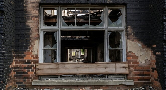 Broken window in a burnt brick building after fire damage