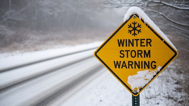 A yellow winter storm warning road sign with a snowflake symbol, partially covered in snow, located on the side of a snowy, icy rural road path