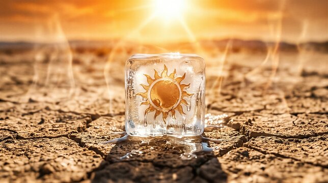 Golden sun symbol trapped inside a melting ice cube on dry cracked desert ground. Global warming and climate change concept. Extreme high temperature weather condition and environment.