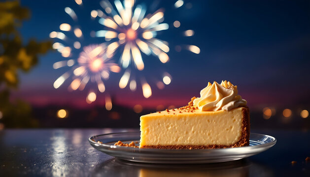 Fireworks exploding in the distant background of a close-up of a decadent cake slice